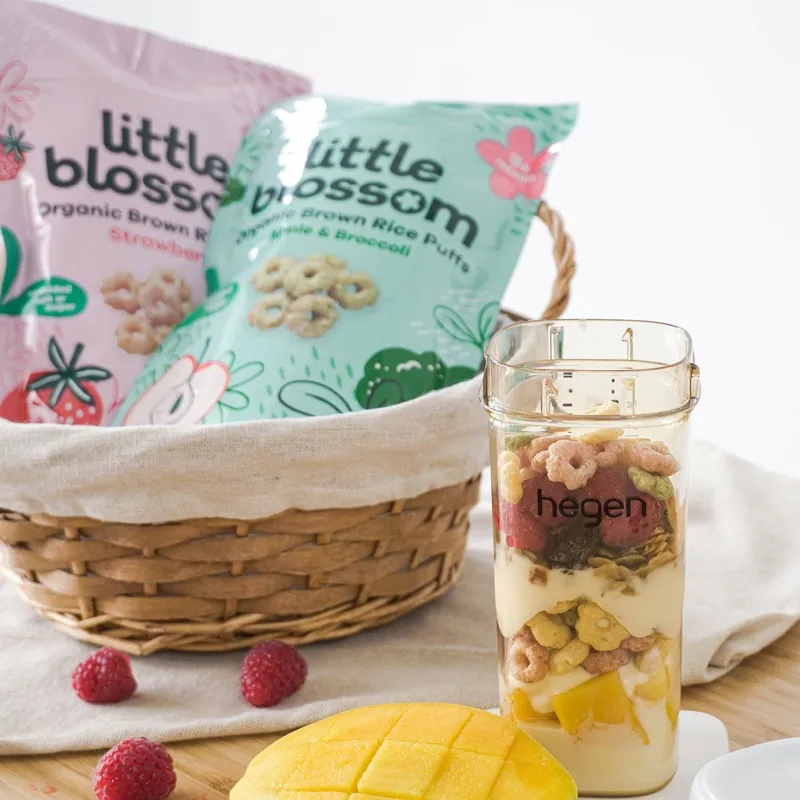Yogurt parfait layered with fruit and puffs