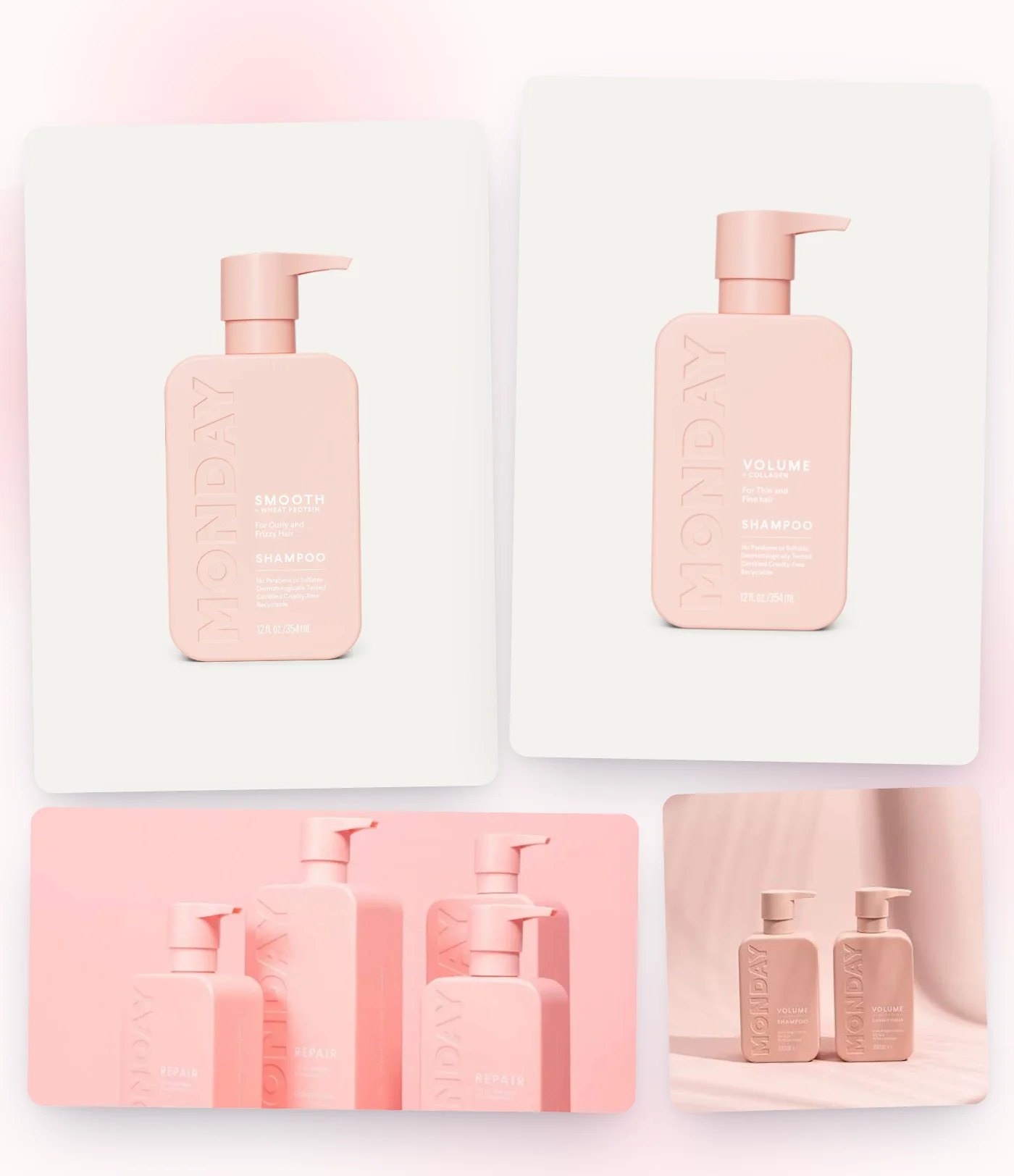 MONDAY Haircare Smooth, Volume and Repair bottles