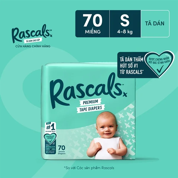Rascals Premium Tape Diapers, Size S · 70 pcs